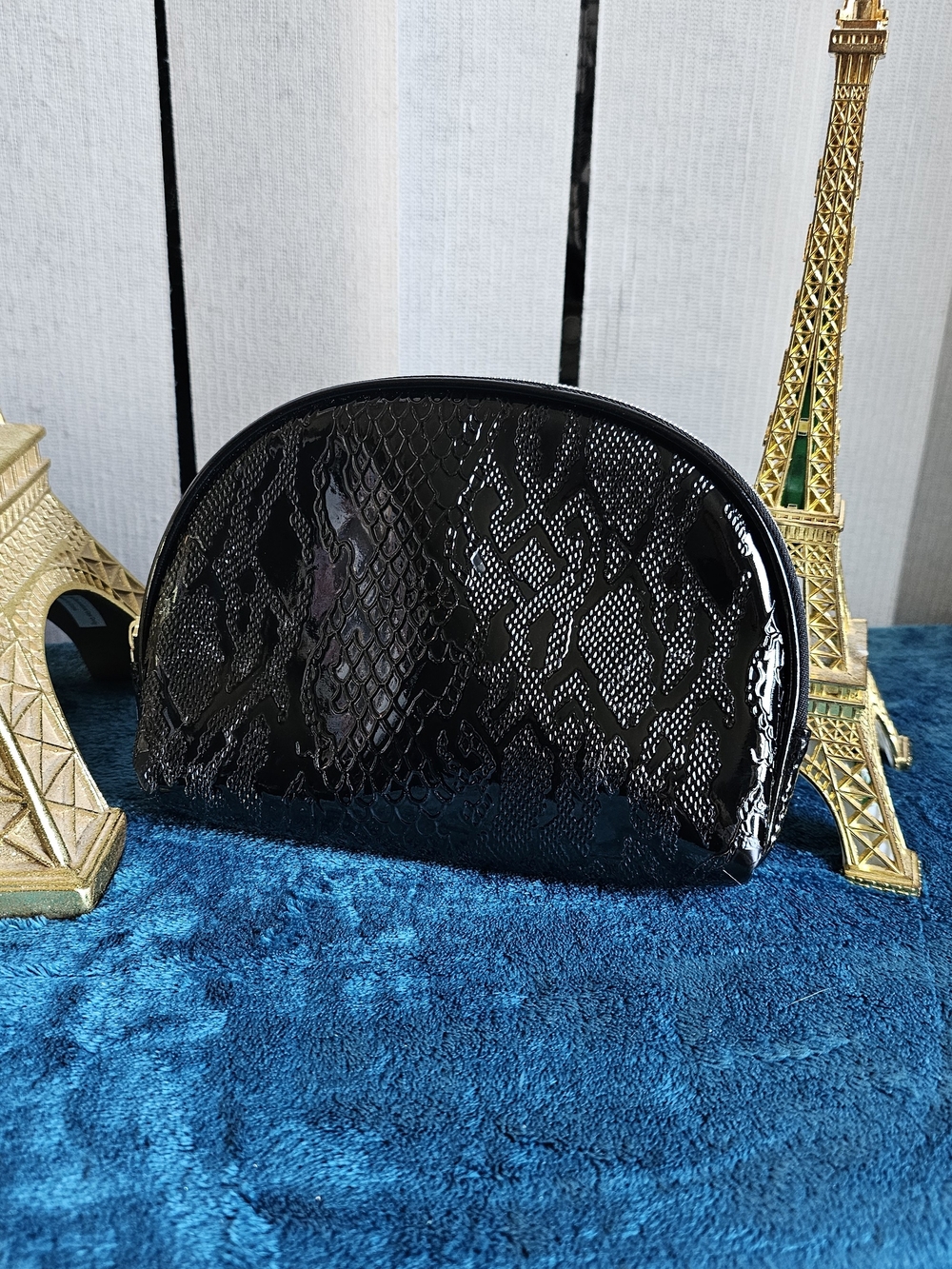 Black Patent Snake-Print Cosmetic Pouch - Women Bags